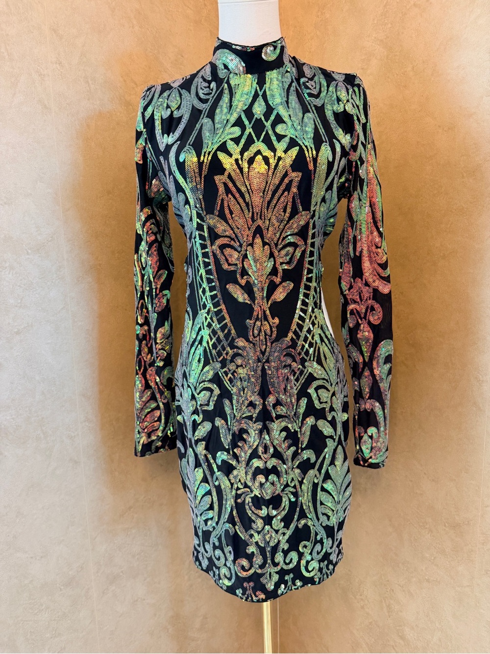 SHEIN Long Sleeve Mini Dress with Iridescent Green Baroque Print